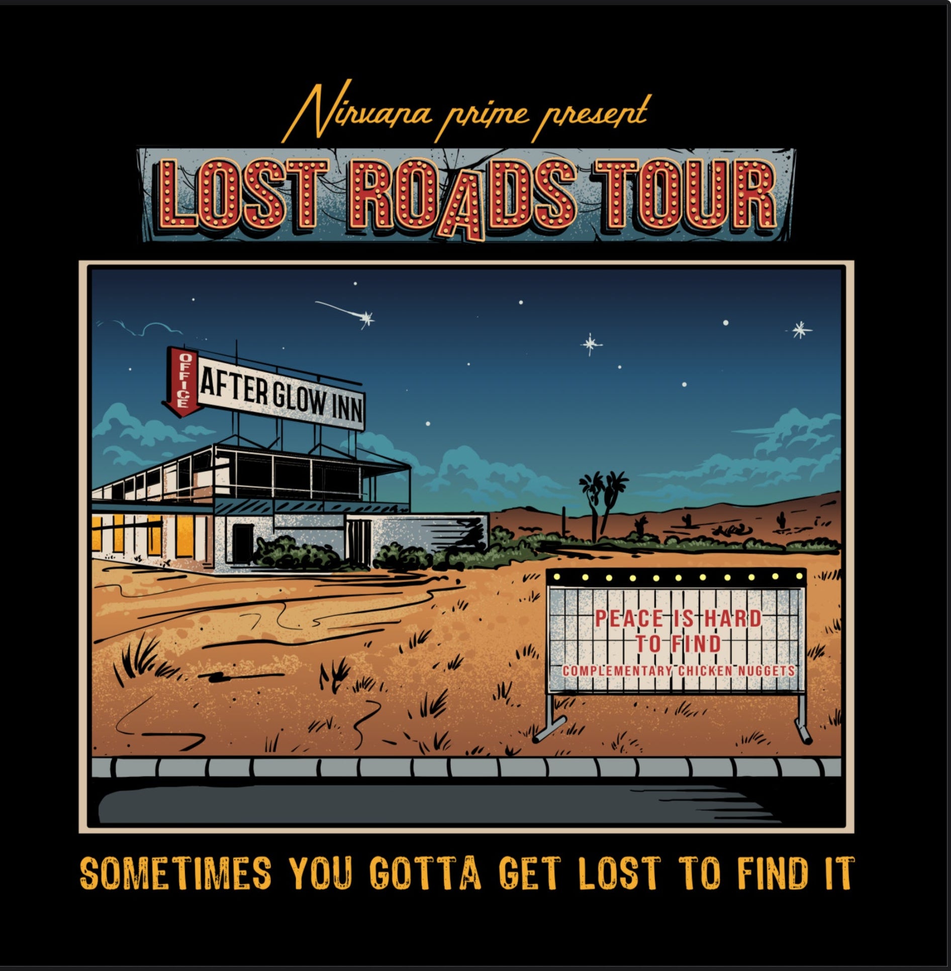 Promotional graphic for 'Lost Roads Tour' with a desert scene and 'Afterglow Inn' sign.